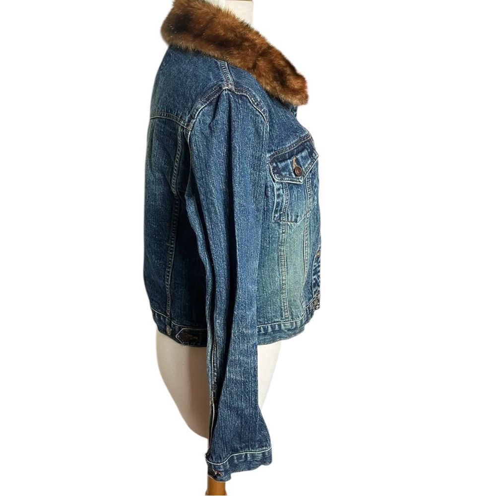 VINTAGE Y2K Stephen Hardy Squeeze Brown Faux Fur Collar Denim Jean Jacket Large - Picture 6 of 9
